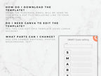 Instructions on downloading and editing a template with Canva, displayed on a white marble background.