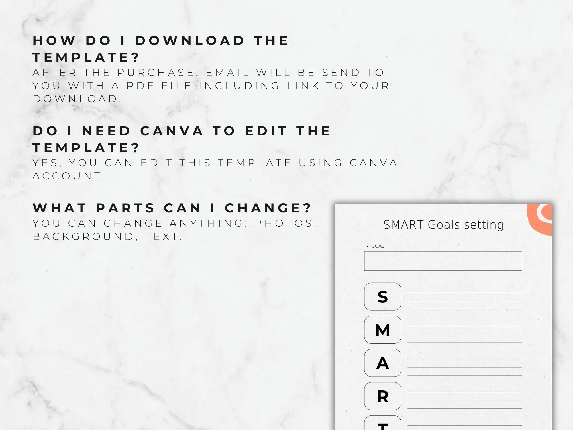 Instructions on downloading and editing a template with Canva, displayed on a white marble background.