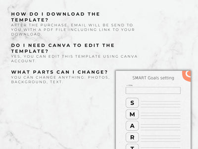 Instructions on downloading and editing a template with Canva, displayed on a white marble background.