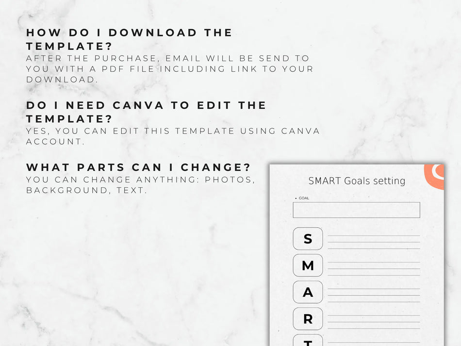 Instructions on downloading and editing a template with Canva, displayed on a white marble background.