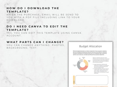 Budget allocation template with Canva editing information on a marble background