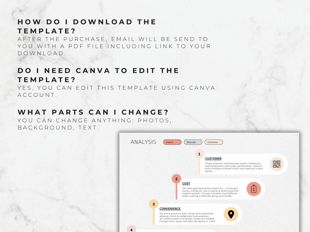 Instructions on downloading and editing a template with Canva on a marble background