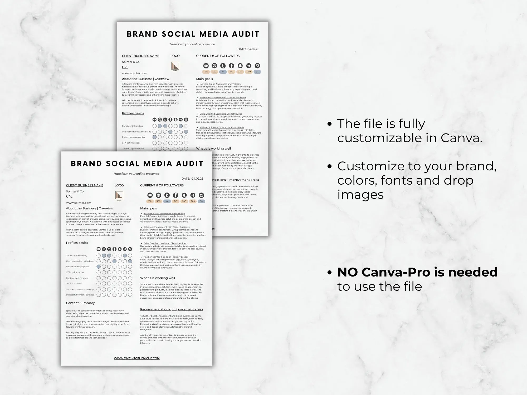Two brand social media audit templates on a marble background with text about customization options.