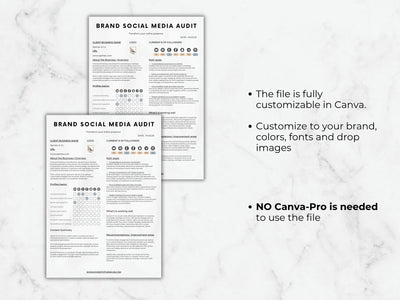 Two brand social media audit templates on a marble background with text about customization options.