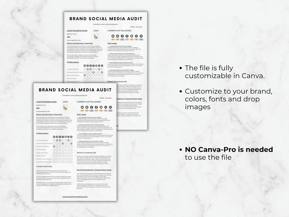 Two brand social media audit templates on a marble background with text about customization options.