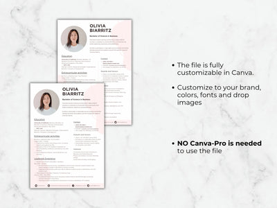 Two resume templates on a marble background with text about customization options.