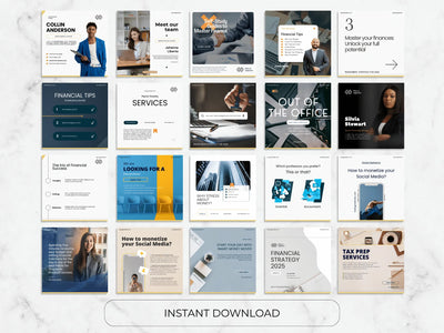 Collection of financial services and tips presentations on a marble background with 'Instant Download' text.