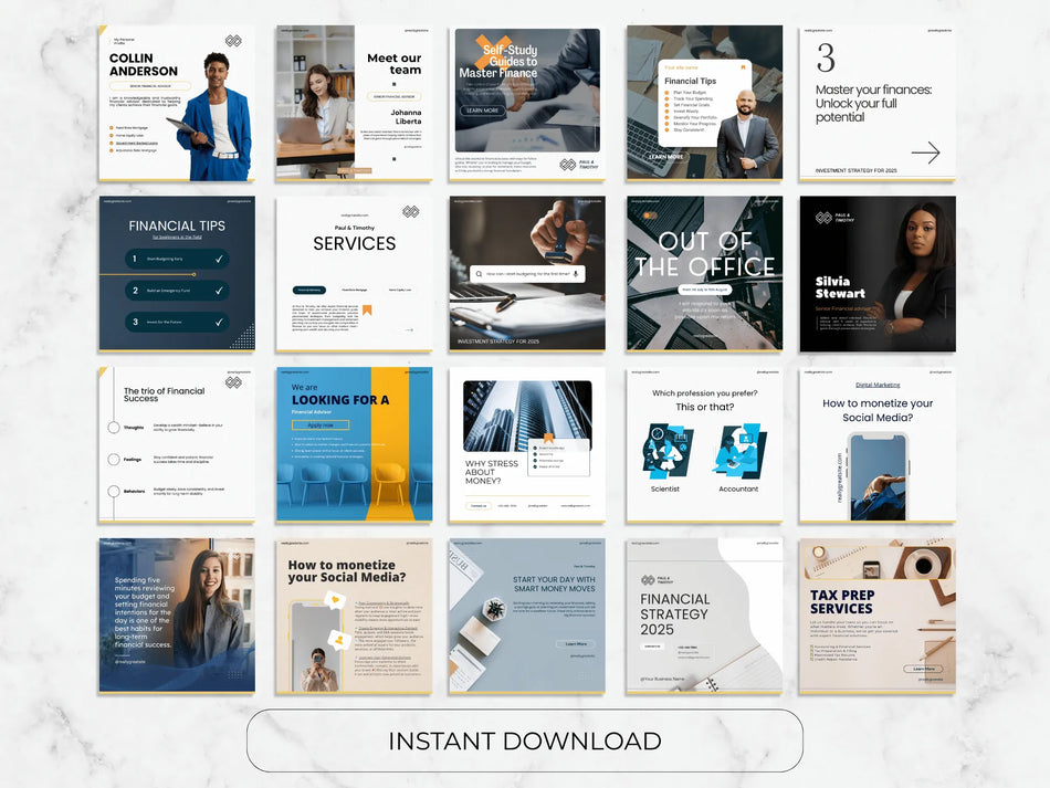 Collection of financial services and tips presentations on a marble background with 'Instant Download' text.