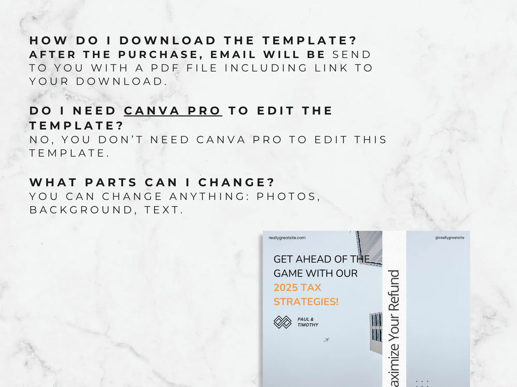Promotional graphic for a tax strategy template with text on how to download and edit the template.