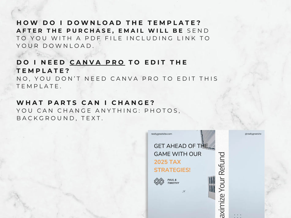 Promotional graphic for a tax strategy template with text on how to download and edit the template.