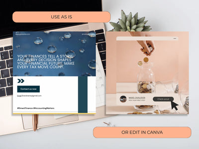 Two design templates displayed on a laptop with text and branding elements.