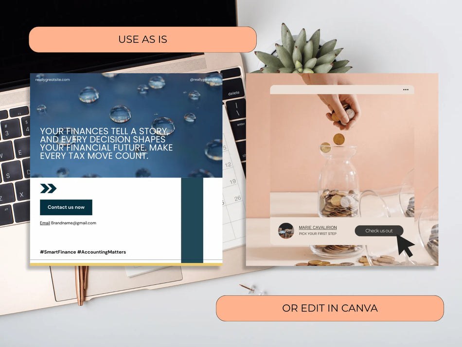 Two design templates displayed on a laptop with text and branding elements.