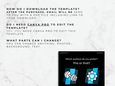 Instructions for downloading and editing a Canva template with text and icons on a light gray background.