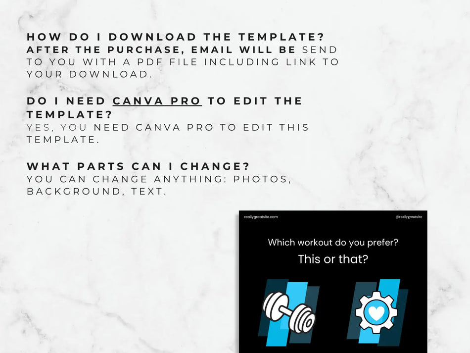 Instructions for downloading and editing a Canva template with text and icons on a light gray background.