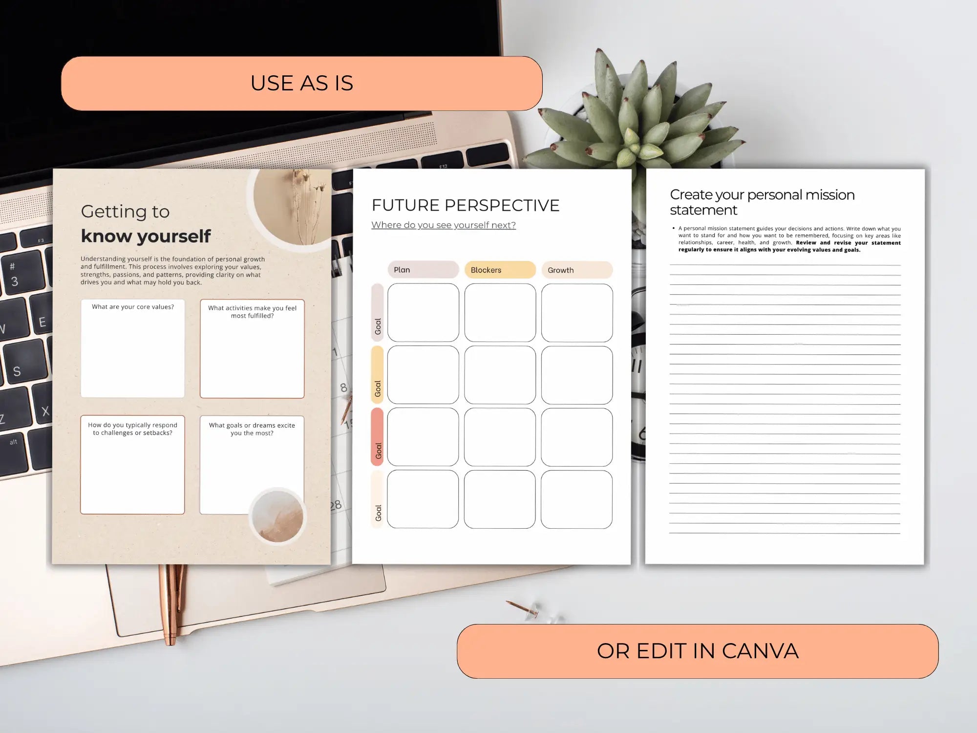 Three workbook pages—"Getting to Know Yourself," "Future Perspective," and "Personal Mission Statement"—laid out over a laptop and desk.