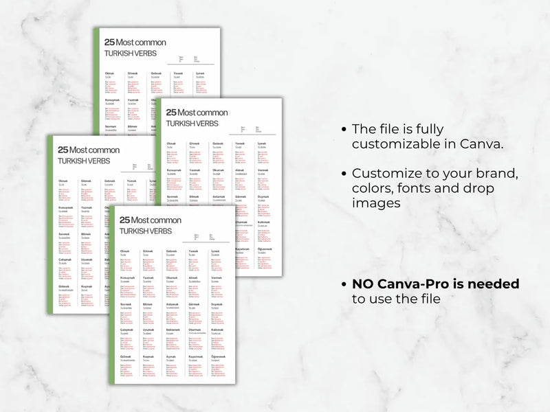 Fiche d'aide sur les verbes turcs | Canva et PDF imprimable