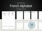 French Alphabet printable sheets with letters and illustrations on a dark background