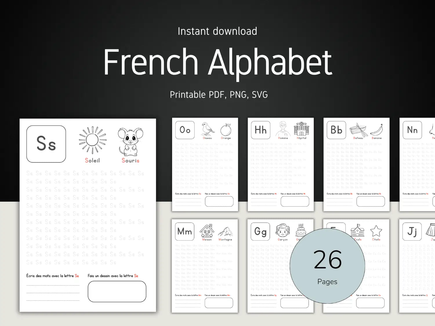 French Alphabet printable sheets with letters and illustrations on a dark background