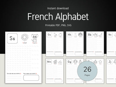 French Alphabet printable sheets with letters and illustrations on a dark background