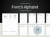 French Alphabet printable sheets with letters and illustrations on a dark background