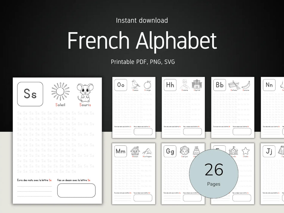 French Alphabet printable sheets with letters and illustrations on a dark background