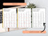Three identical sheets of paper with text on a desk with a laptop and plant.