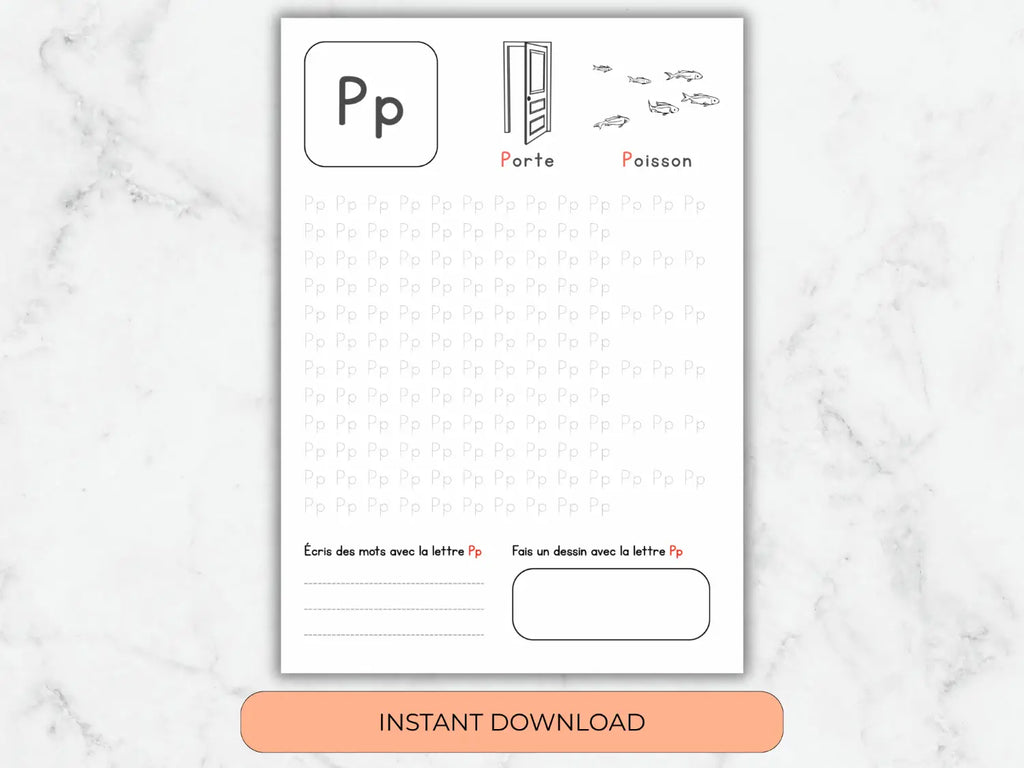 Educational worksheet with letter 'P' activities on a marble background
