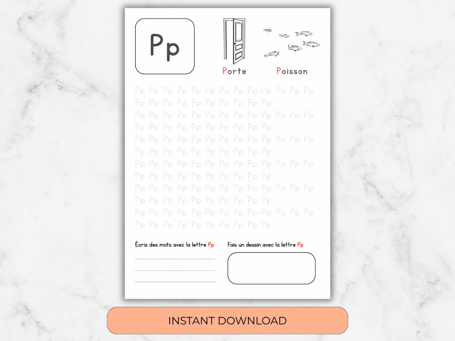 Educational worksheet with letter 'P' activities on a marble background