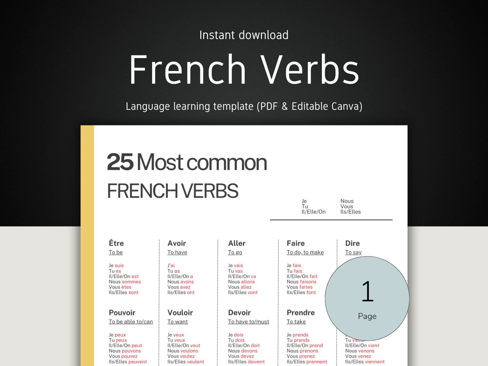 French verbs learning template with a black background