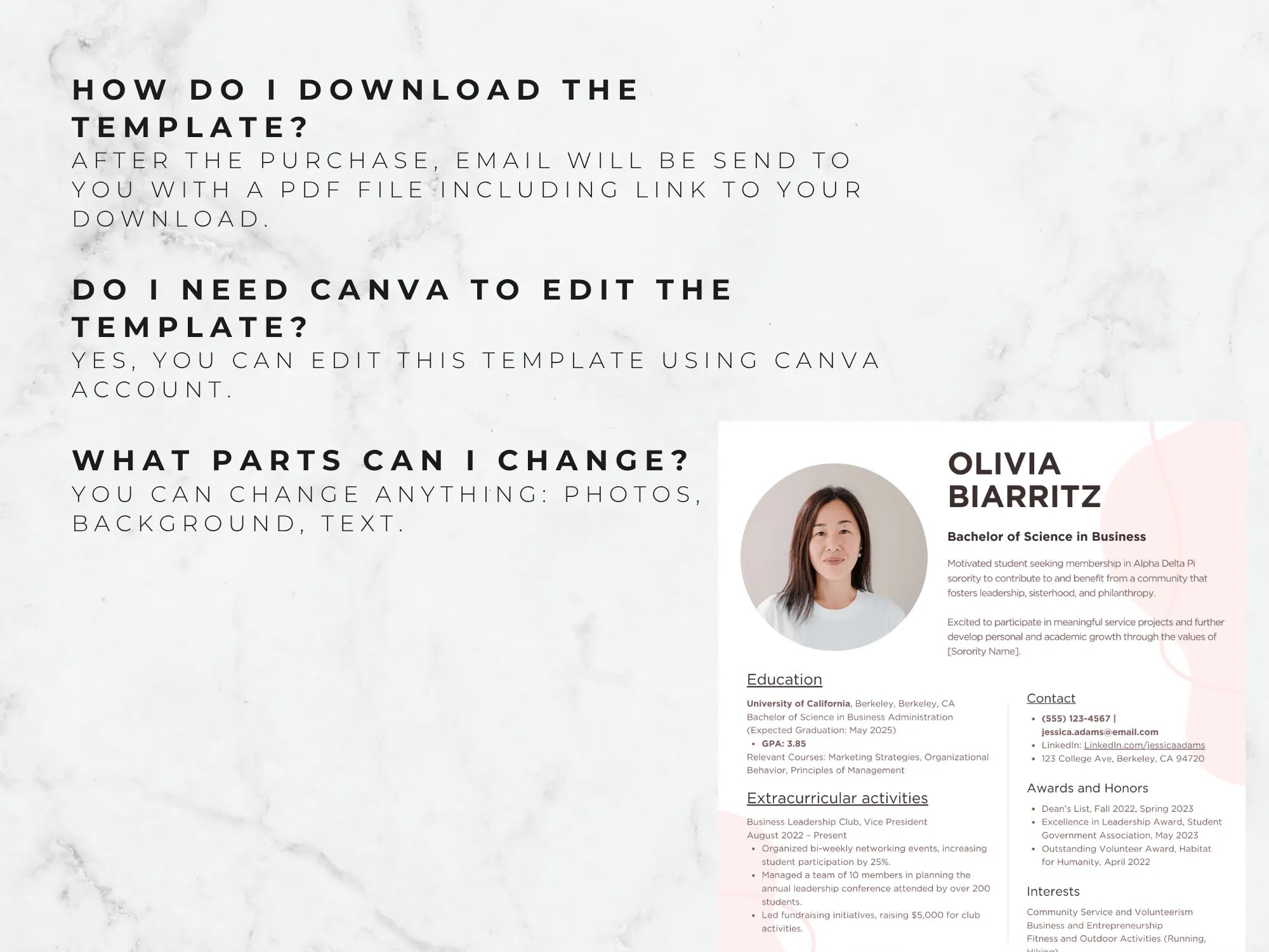 Resume template with a photo of a woman and editable text on a light gray background