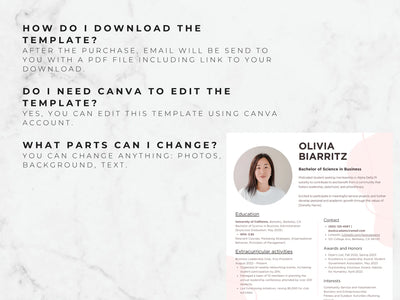 Resume template with a photo of a woman and editable text on a light gray background