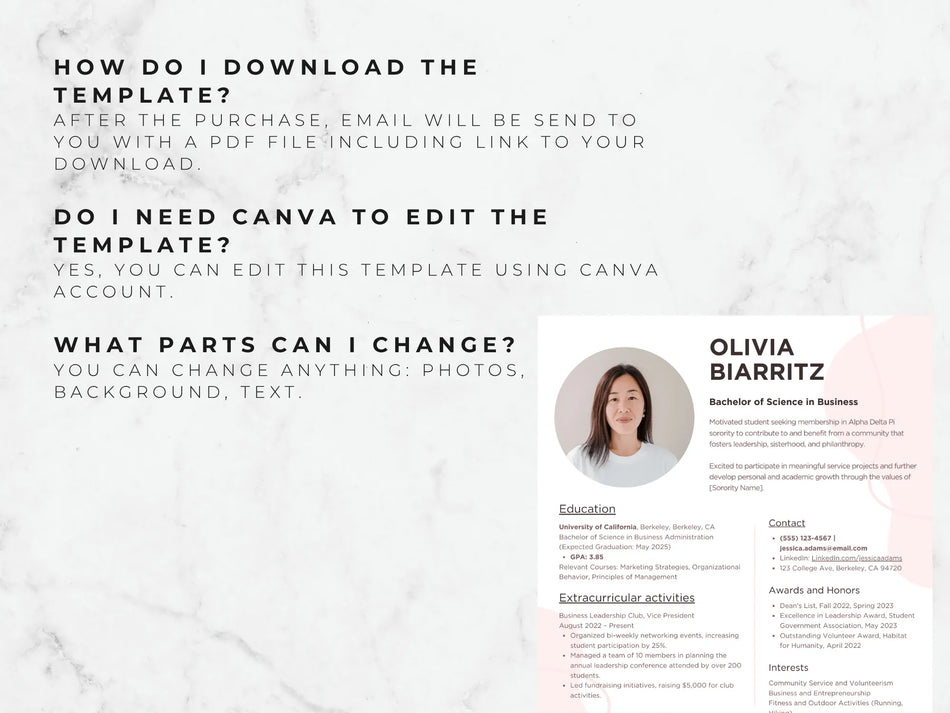 Resume template with a photo of a woman and editable text on a light gray background