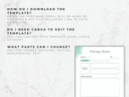 Instructions on how to download and edit a therapy notes template with Canva on a white background.