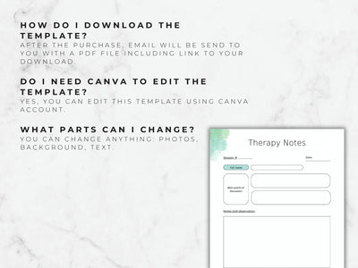 Instructions on how to download and edit a therapy notes template with Canva on a white background.