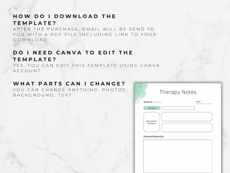 Instructions on how to download and edit a therapy notes template with Canva on a white background.