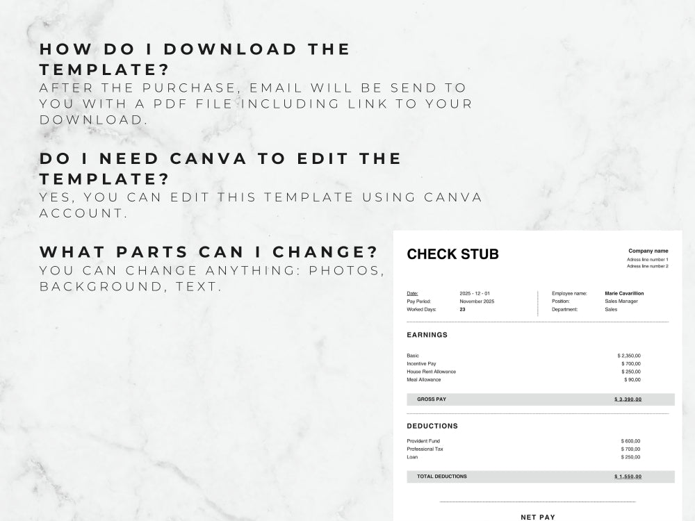 Check stub template with text instructions on a white background