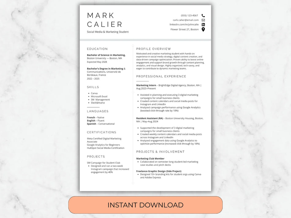 Resume template with a marble background