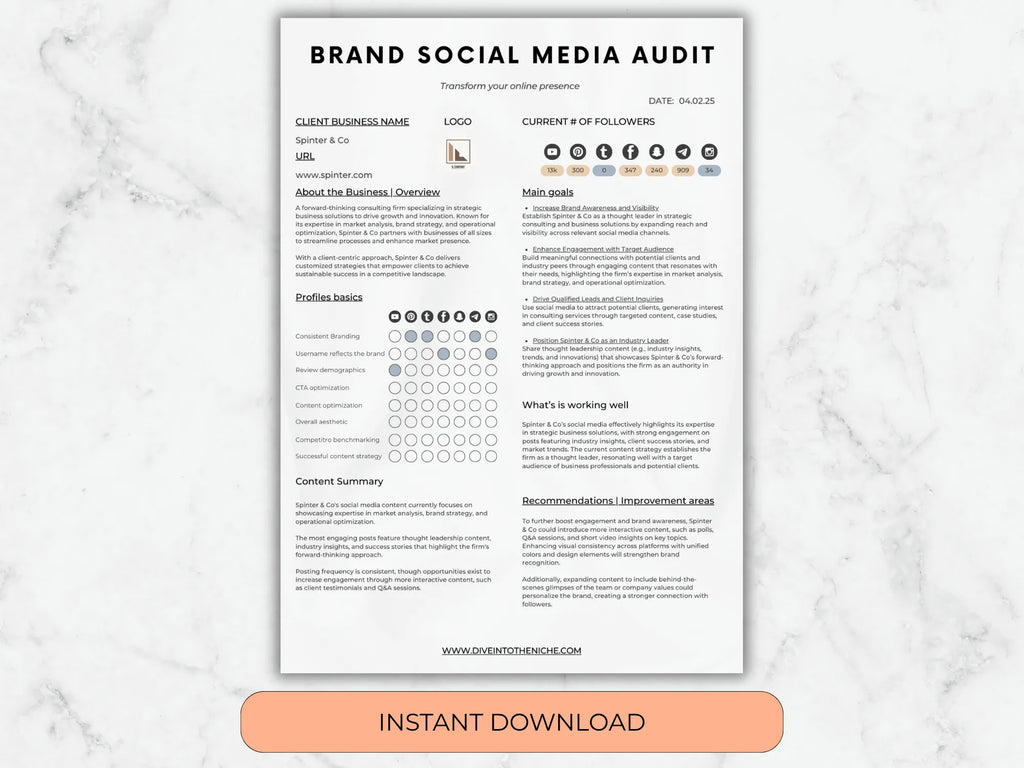 Brand Social Media Audit document on a marble background with an 'Instant Download' button.