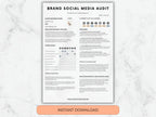 Brand Social Media Audit document on a marble background with an 'Instant Download' button.