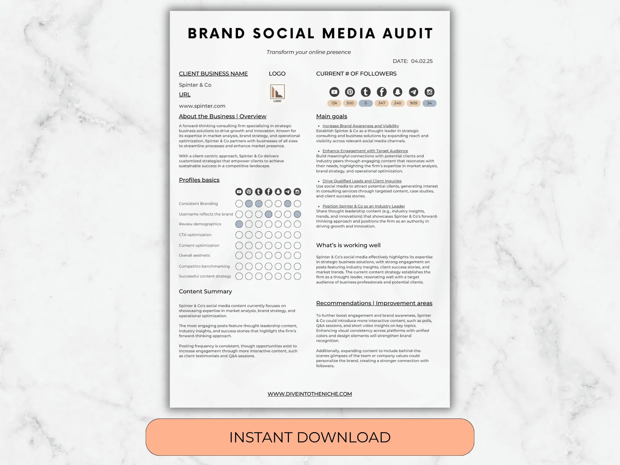 Brand Social Media Audit document on a marble background with an 'Instant Download' button.