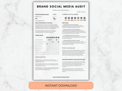 Brand Social Media Audit document on a marble background with an 'Instant Download' button.