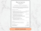 Resume template with a marble background and 'Instant Download' button.
