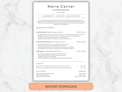 Resume template with a marble background and 'Instant Download' button.
