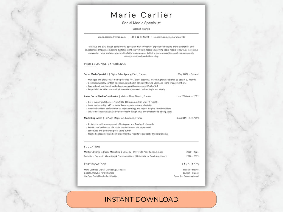 Resume template with a marble background and 'Instant Download' button.