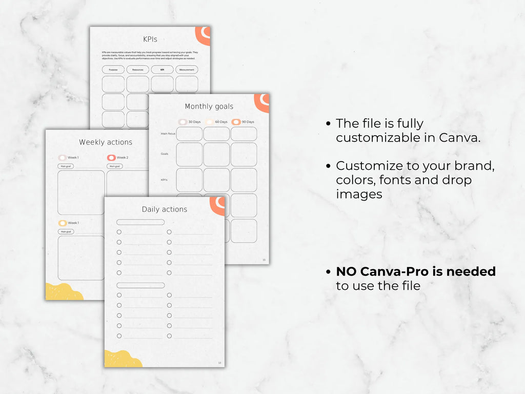 Set of customizable planner templates on a marble surface with text about Canva customization.