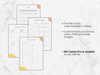 Set of customizable planner templates on a marble surface with text about Canva customization.