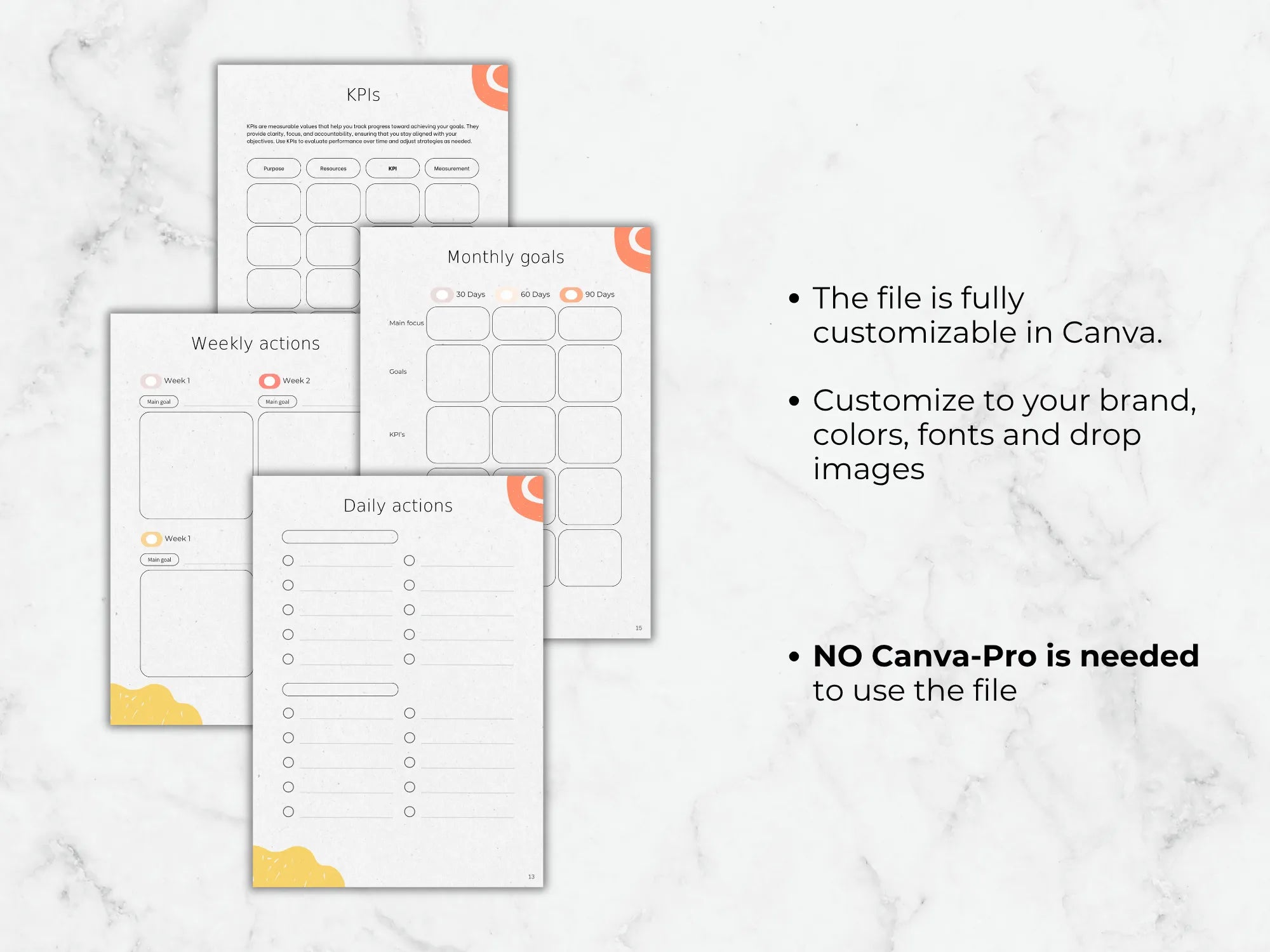 Set of customizable planner templates on a marble surface with text about Canva customization.