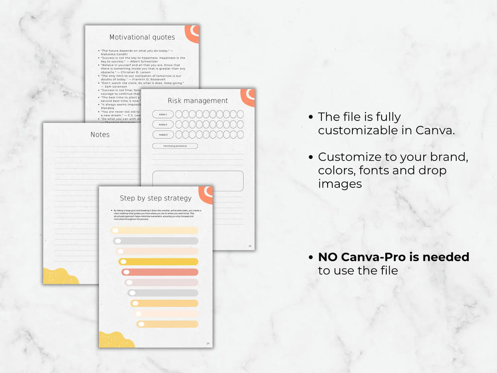 Collection of customizable templates on a marble background with text about Canva usage.