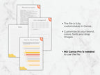 Collection of customizable templates on a marble background with text about Canva usage.