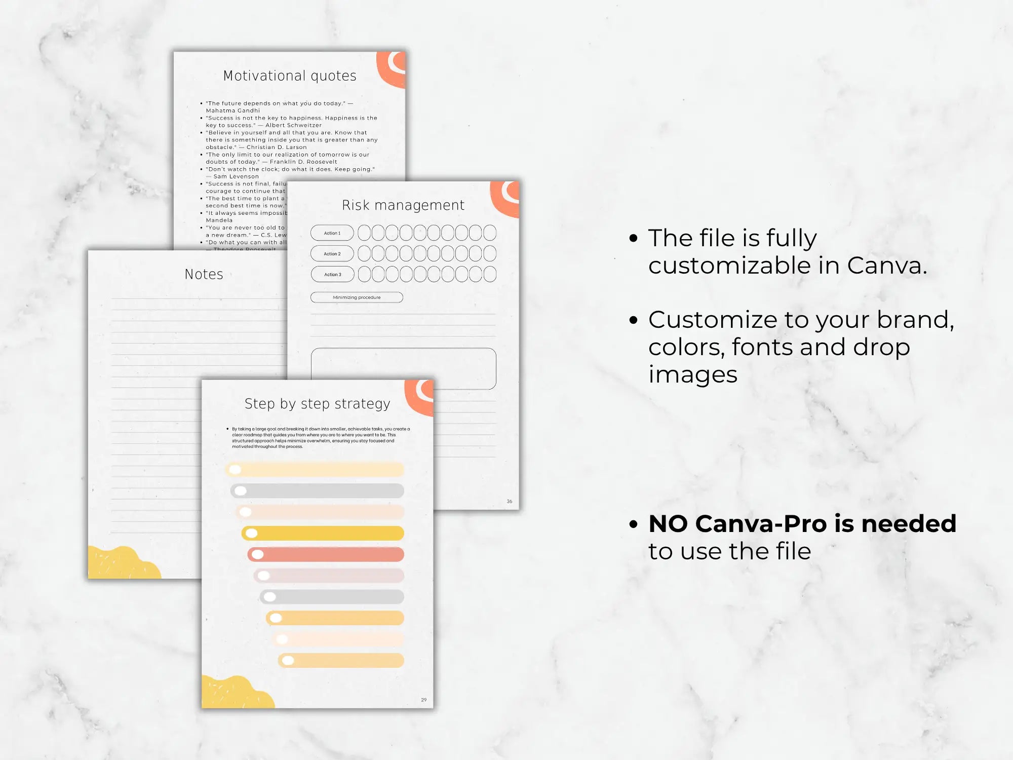 Collection of customizable templates on a marble background with text about Canva usage.